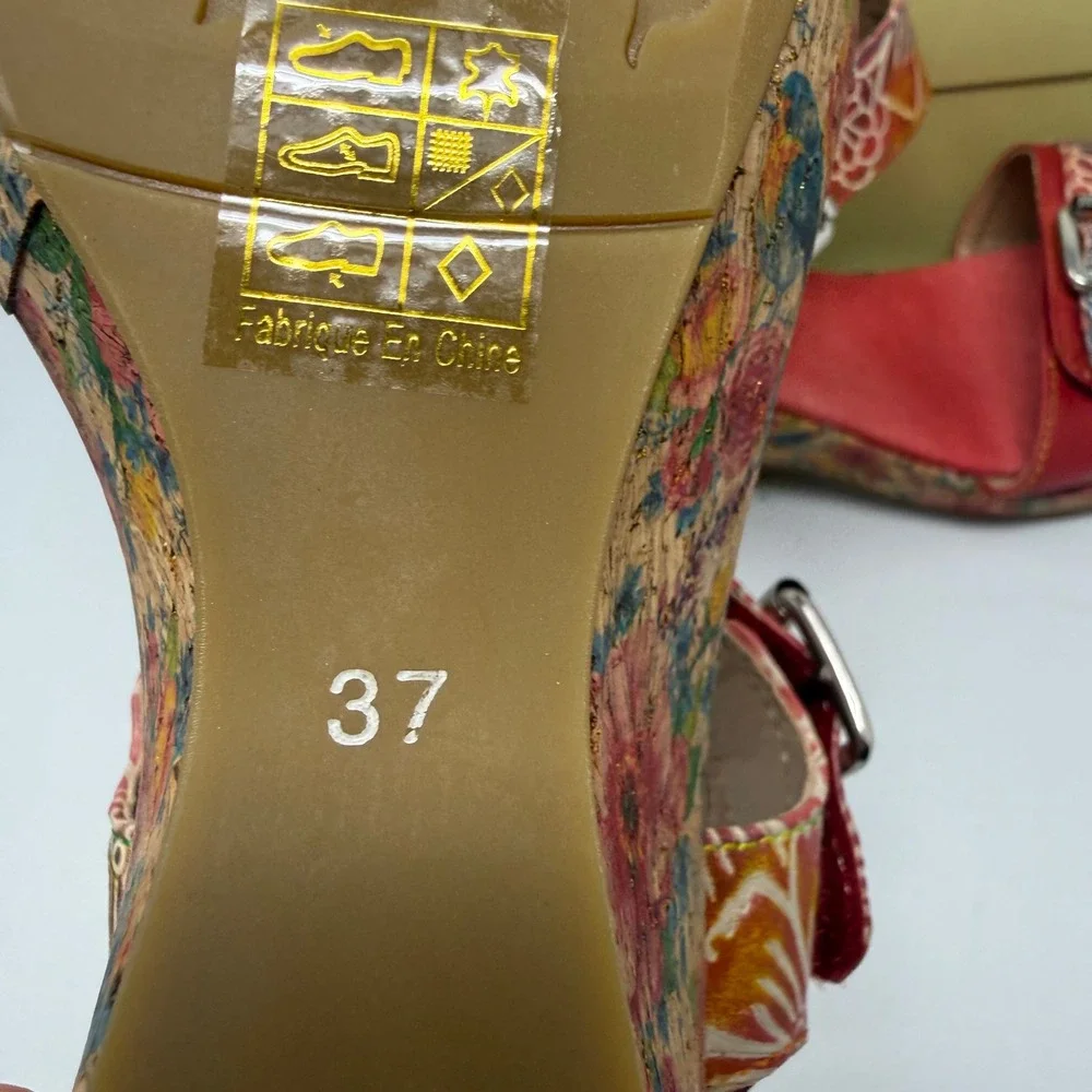 Spring Step L'Artiste Tanaquil Red Leather Wedge Sandals Floral Size 37 6.5-7